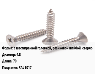 Саморез с шестигранной головкой, резиновой шайбой, сверло D=4.8 L=70 RAL 8017, шт, для кровельных материалов цена от 2.24 Тг / кг, где купить, условия доставки в Петропавловске и Северо-казахстанской области